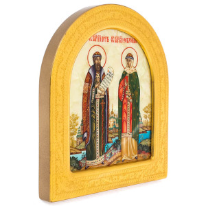 Mother-of-pearl icon "Peter and Fevronia" in a golden frame (arch)