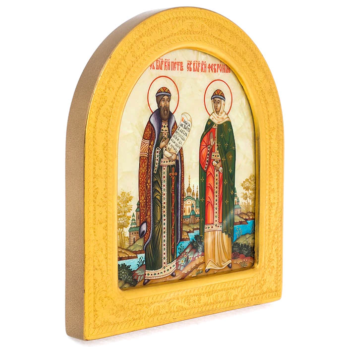 Mother-of-pearl icon "Peter and Fevronia" in a golden frame (arch)