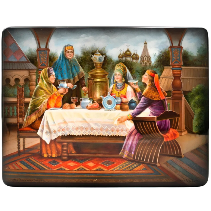 Шкатулка "Чаепитие" Беловодова, Федоскино
