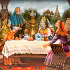 Шкатулка "Чаепитие" Беловодова, Федоскино