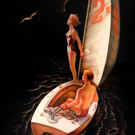 The box "On the yacht" by Krasnoslobodtsev, Fedoskino