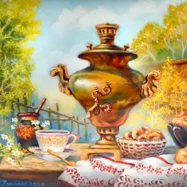 Box "At the cottage" by Troshin, Fedoskino