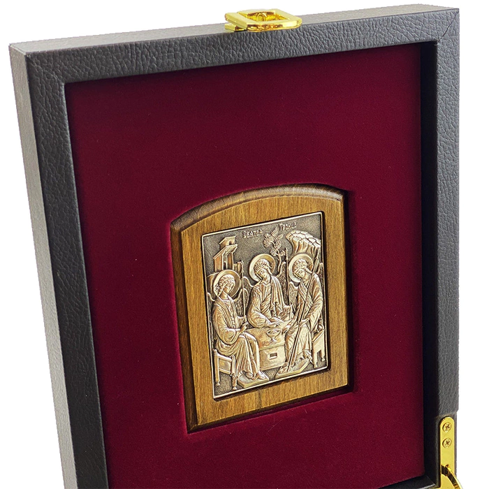Leather-bound book "The Spiritual Flower Garden" with the icon of the Holy Trinity