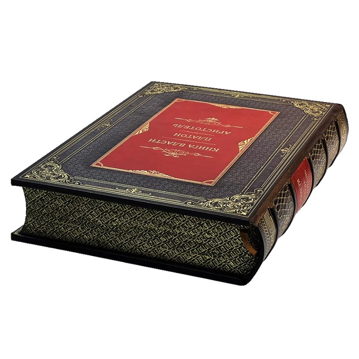 The leather-bound book "The Book of Power. Plato, Aristotle" in a case