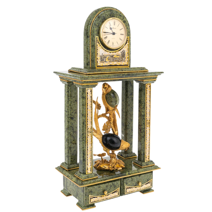 Mantel clock-box made of serpentine "Birds" Zlatoust