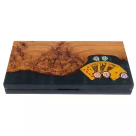 A poker set made of elm wood and black epoxy resin