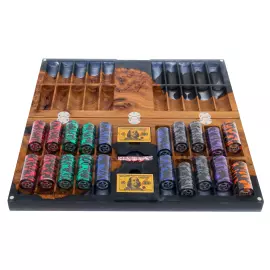 A poker set made of elm wood and black epoxy resin