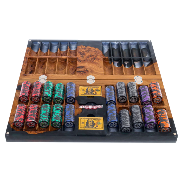 A poker set made of elm wood and black epoxy resin