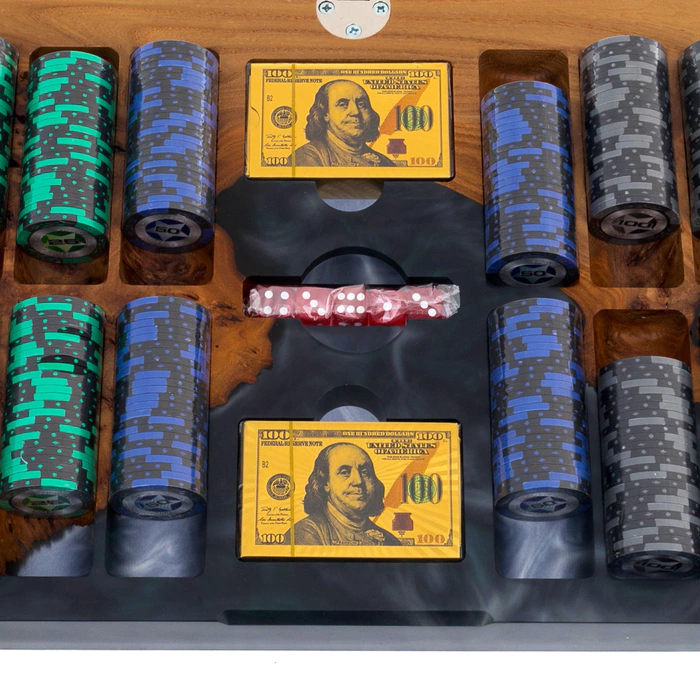 A poker set made of elm wood and black epoxy resin