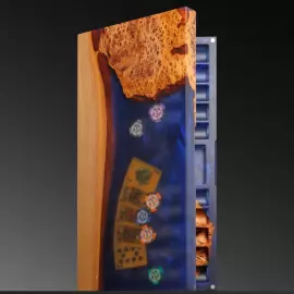 A poker set made of elm wood and blue epoxy resin