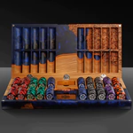 A poker set made of elm wood and blue epoxy resin