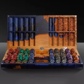 A poker set made of elm wood and blue epoxy resin
