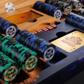 A poker set made of elm wood and blue epoxy resin