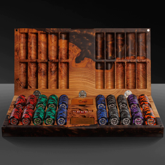 A poker set made of elm wood and brown epoxy resin