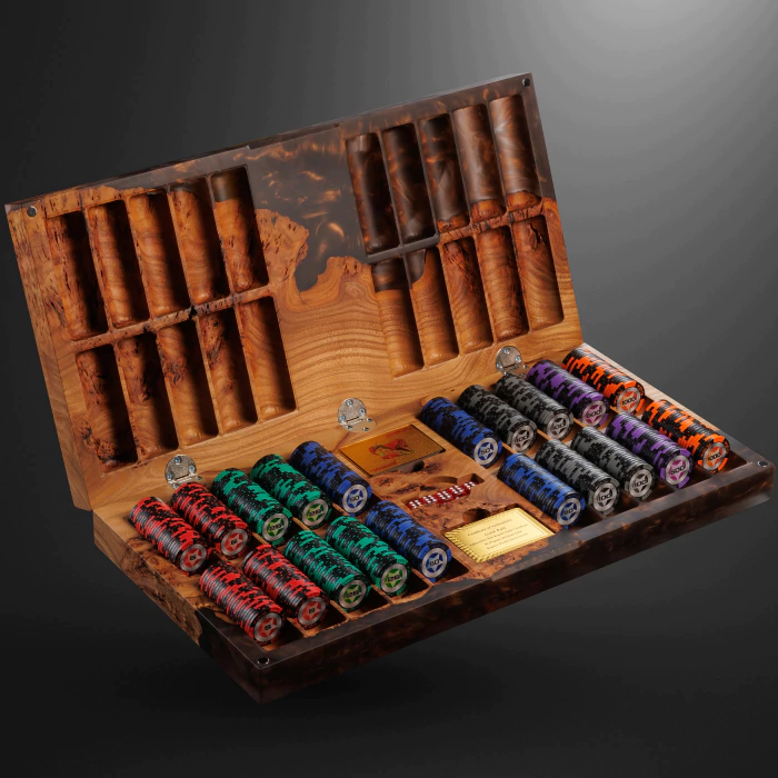 A poker set made of elm wood and brown epoxy resin