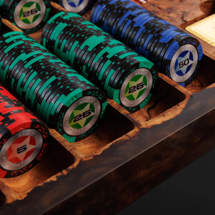 A poker set made of elm wood and brown epoxy resin
