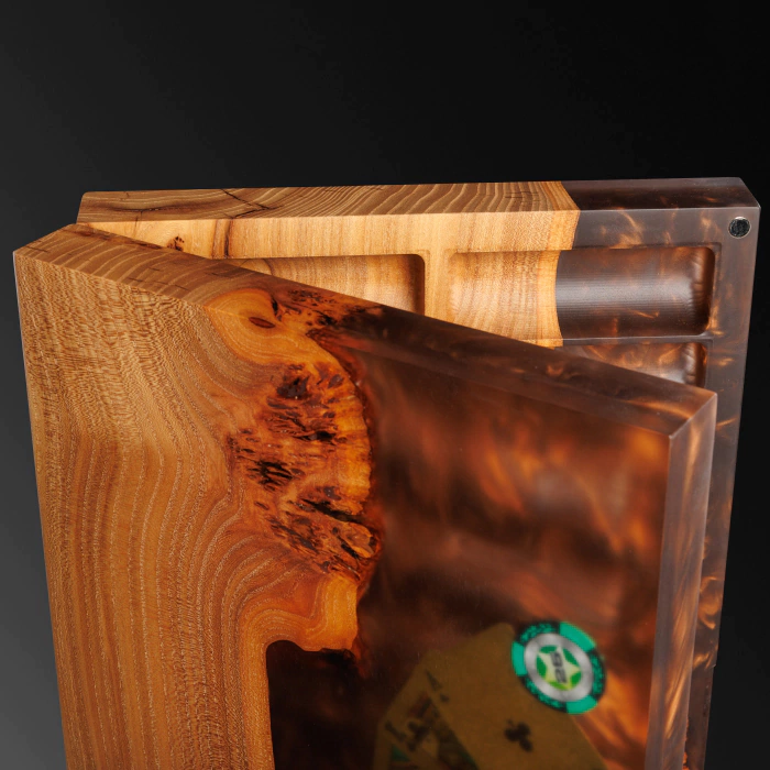 A poker set made of elm wood and brown epoxy resin