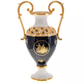 Flower vase, with handles, white with a blue middle, decorated with patterns.