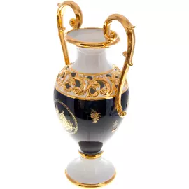 Flower vase, with handles, white with a blue middle, decorated with patterns.