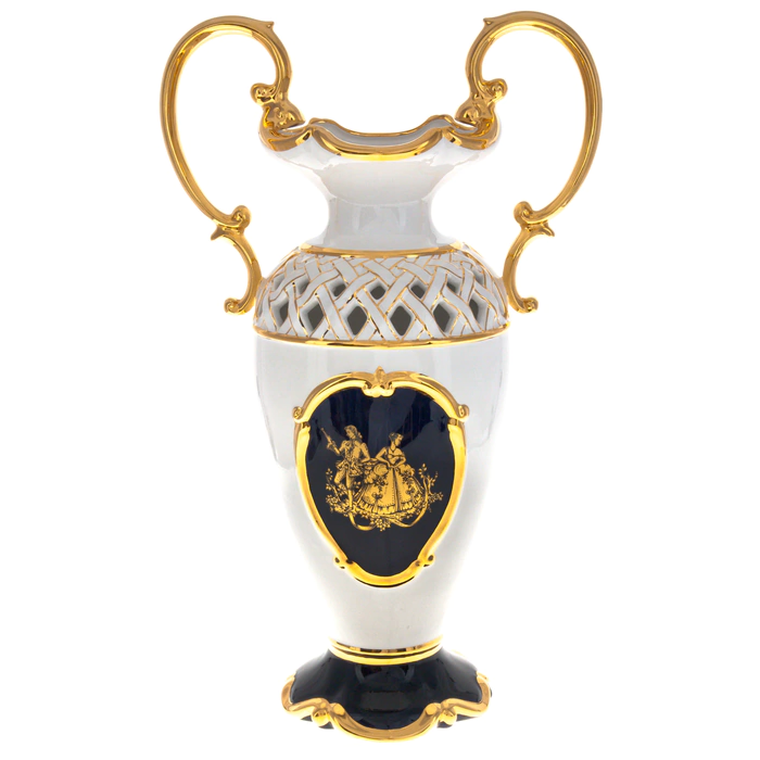 Flower vase, with handles, white on a blue leg
