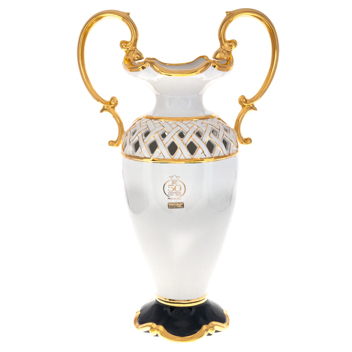 Flower vase, with handles, white on a blue leg