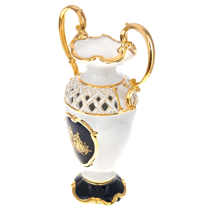 Flower vase, with handles, white on a blue leg