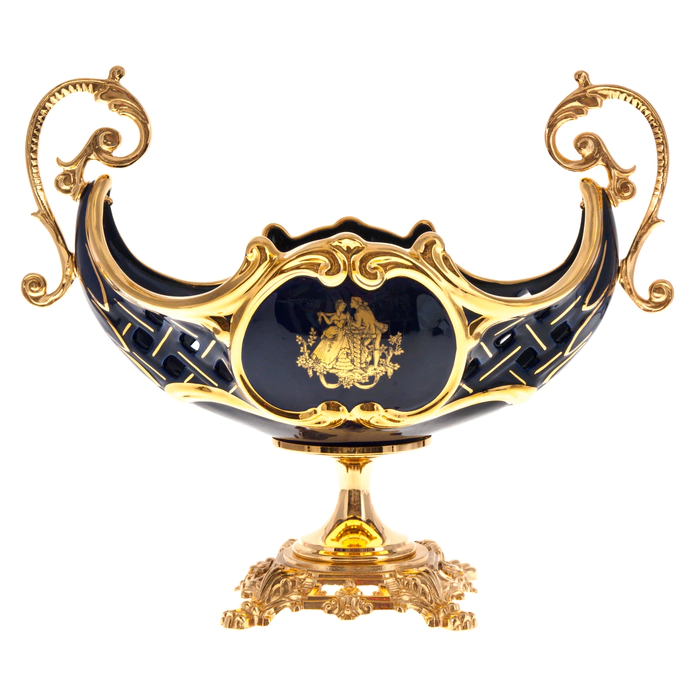 Fruit bowl, with handles, on a golden leg, blue