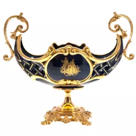 Ваза для фруктов, с ручками, на золотой ножке, синяя