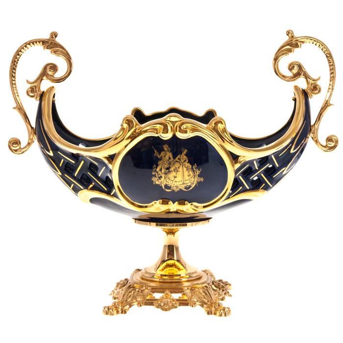 Fruit bowl, with handles, on a golden leg, blue