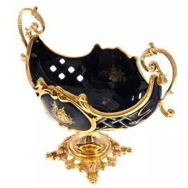 Ваза для фруктов, с ручками, на золотой ножке, синяя