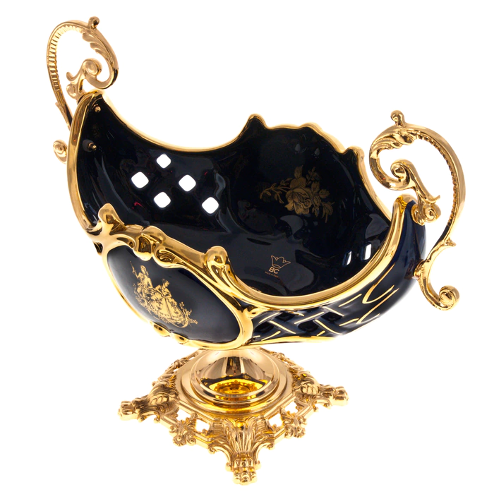Fruit bowl, with handles, on a golden leg, blue