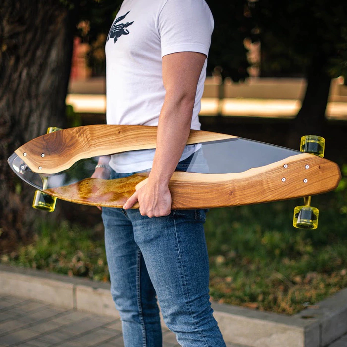 Longboard made of wood and epoxy resin