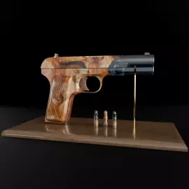 An art object made of wood and epoxy resin "Pistol" in a gift box
