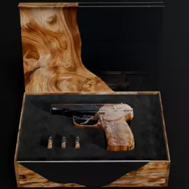 An art object made of wood and epoxy resin "Pistol" in a gift box