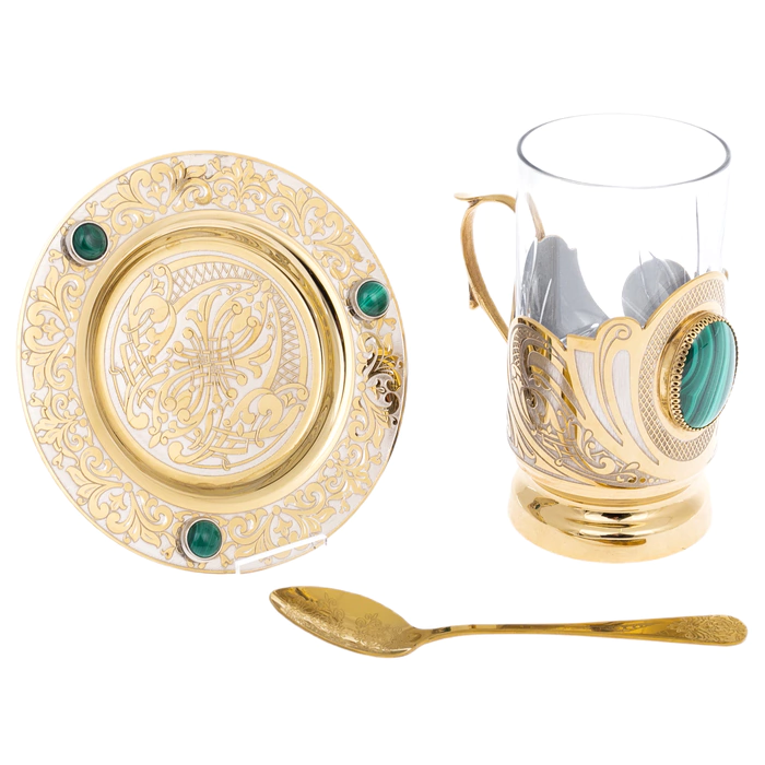 Decorated cup holder with malachite, Zlatoust