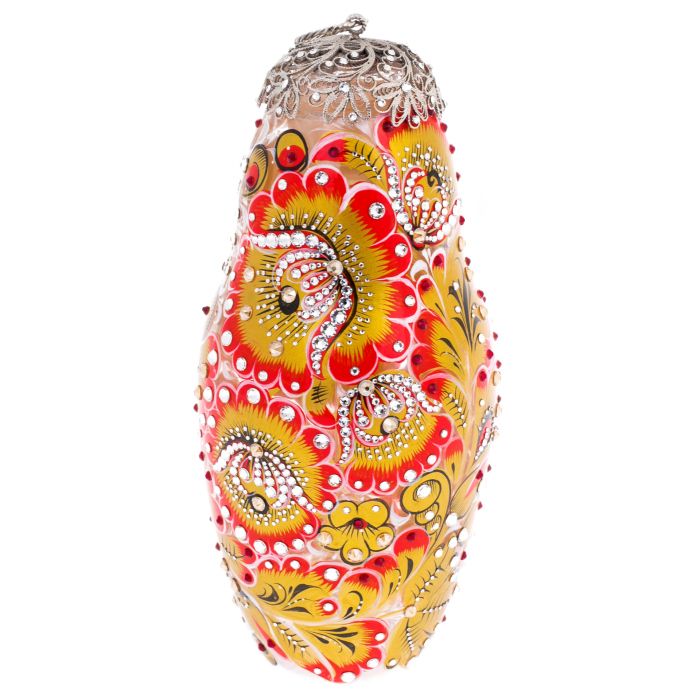 Red Sun glass honey matryoshka doll with Swarovski crystals, Khokhloma