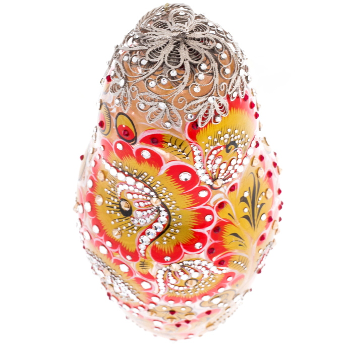 Red Sun glass honey matryoshka doll with Swarovski crystals, Khokhloma