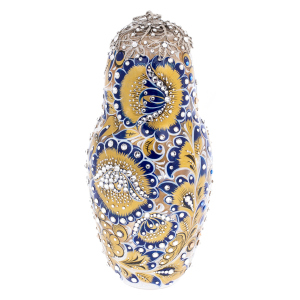 Golden Azure glass honey matryoshka doll with Swarovski crystals, Khokhloma