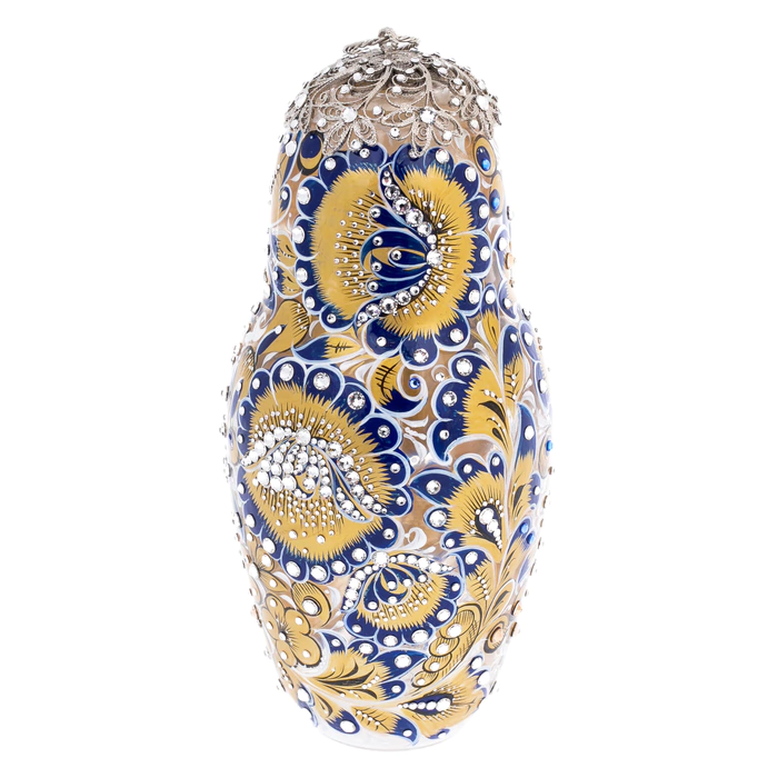 Golden Azure glass honey matryoshka doll with Swarovski crystals, Khokhloma