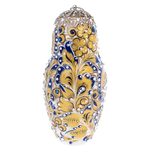 Golden Azure glass honey matryoshka doll with Swarovski crystals, Khokhloma