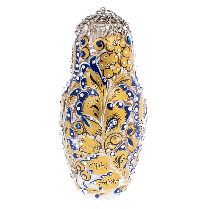 Golden Azure glass honey matryoshka doll with Swarovski crystals, Khokhloma