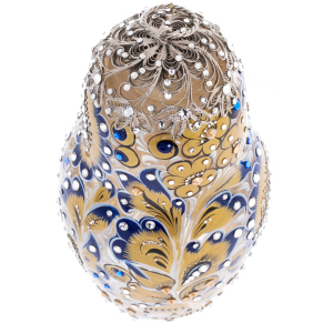 Golden Azure glass honey matryoshka doll with Swarovski crystals, Khokhloma