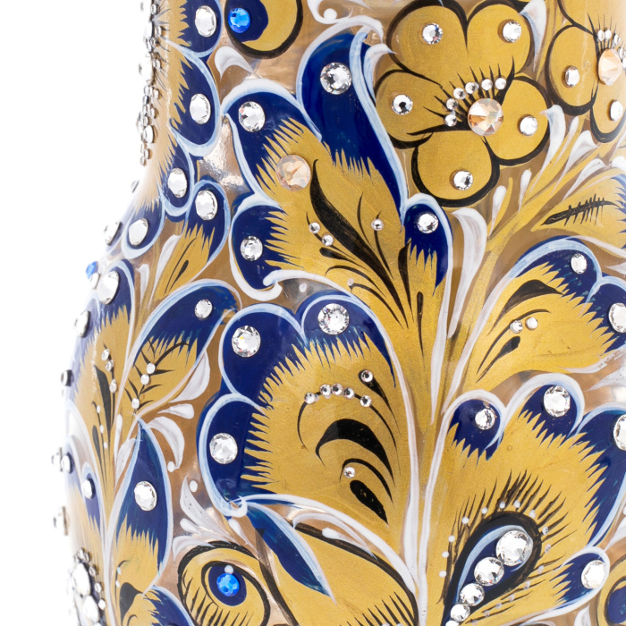 Golden Azure glass honey matryoshka doll with Swarovski crystals, Khokhloma