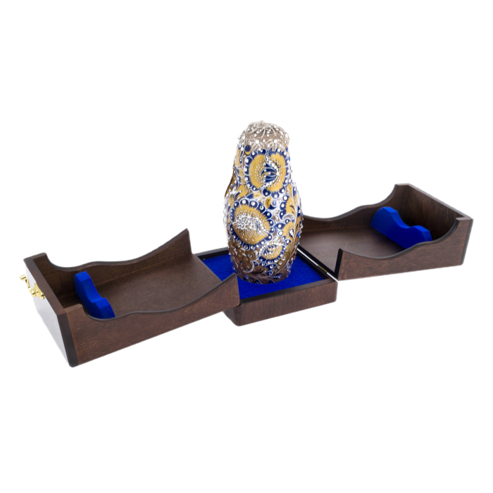Golden Azure glass honey matryoshka doll with Swarovski crystals, Khokhloma