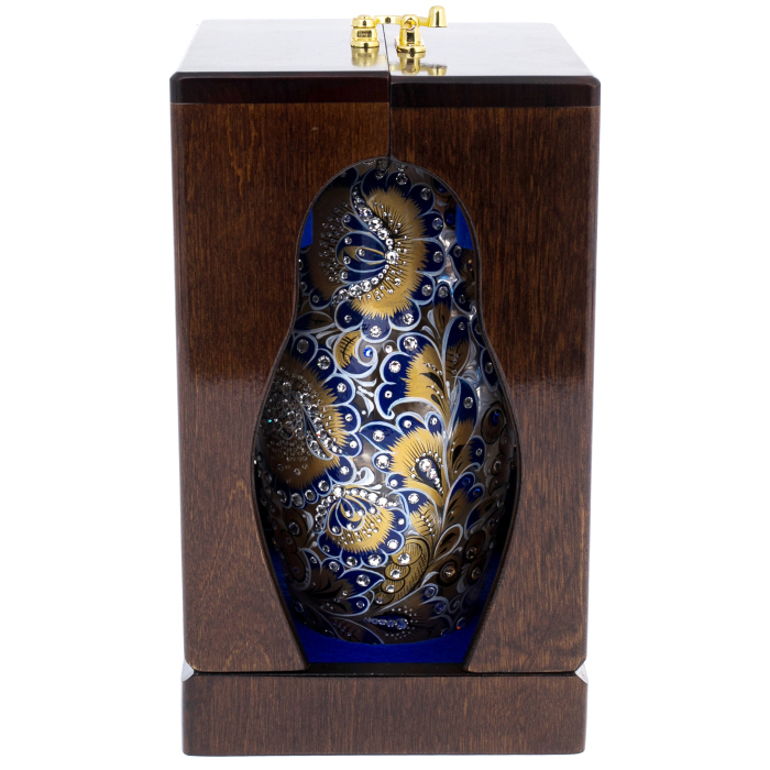 Golden Azure glass honey matryoshka doll with Swarovski crystals, Khokhloma