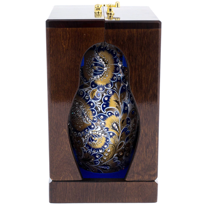 Golden Azure glass honey matryoshka doll with Swarovski crystals, Khokhloma