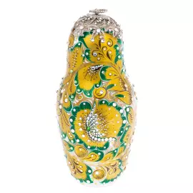 Матрешка-медовница из стекла "Золотой изумруд" со стразами Swarovski, Хохлома