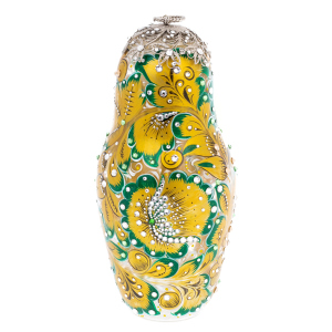 Matryoshka honey dish made of glass "Golden Emerald" with Swarovski crystals, Khokhloma