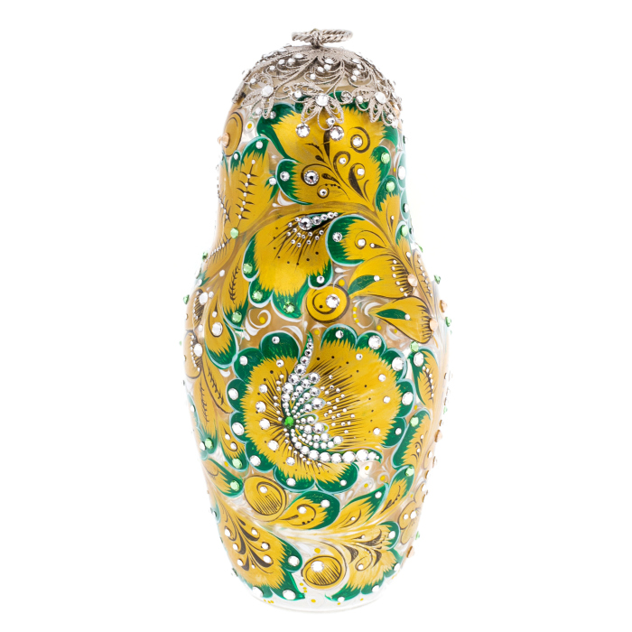 Matryoshka honey dish made of glass "Golden Emerald" with Swarovski crystals, Khokhloma