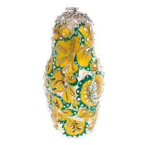 Matryoshka honey dish made of glass "Golden Emerald" with Swarovski crystals, Khokhloma